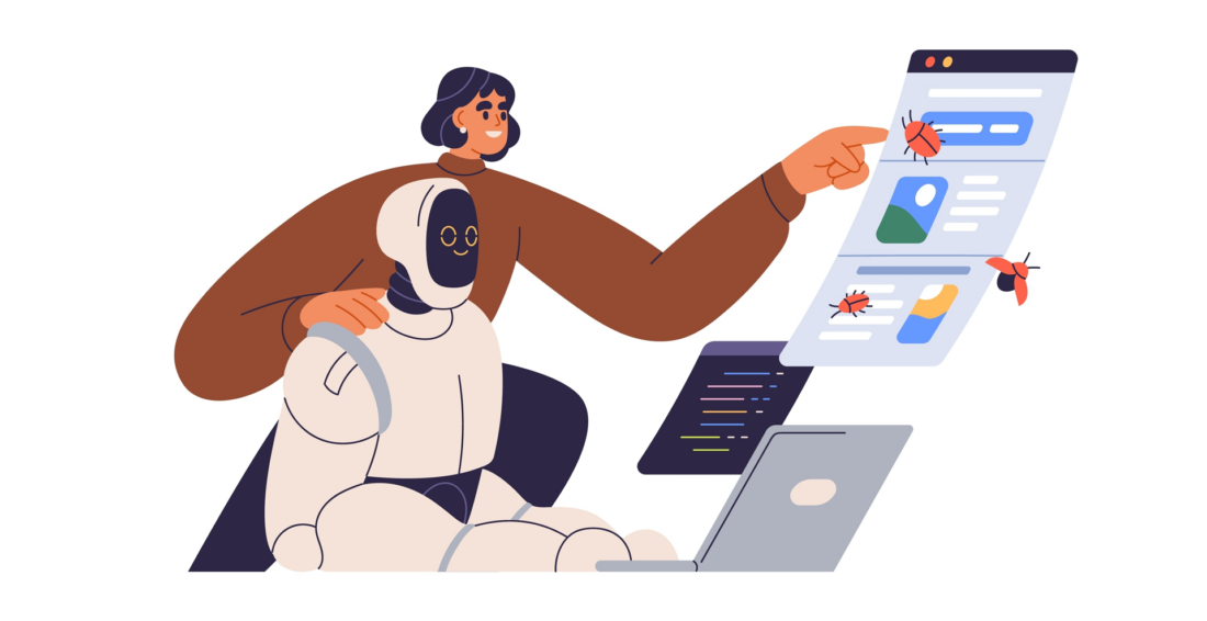 An illustration of a human employee and a robot working together at a computer